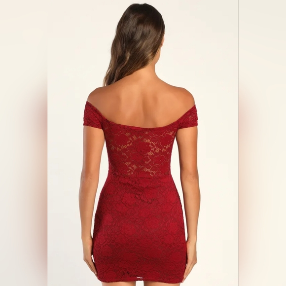 Lulu's Flirty Thoughts Lace Off the Shoulder Bodycon Dress in Wine Red - Picture 4 of 9